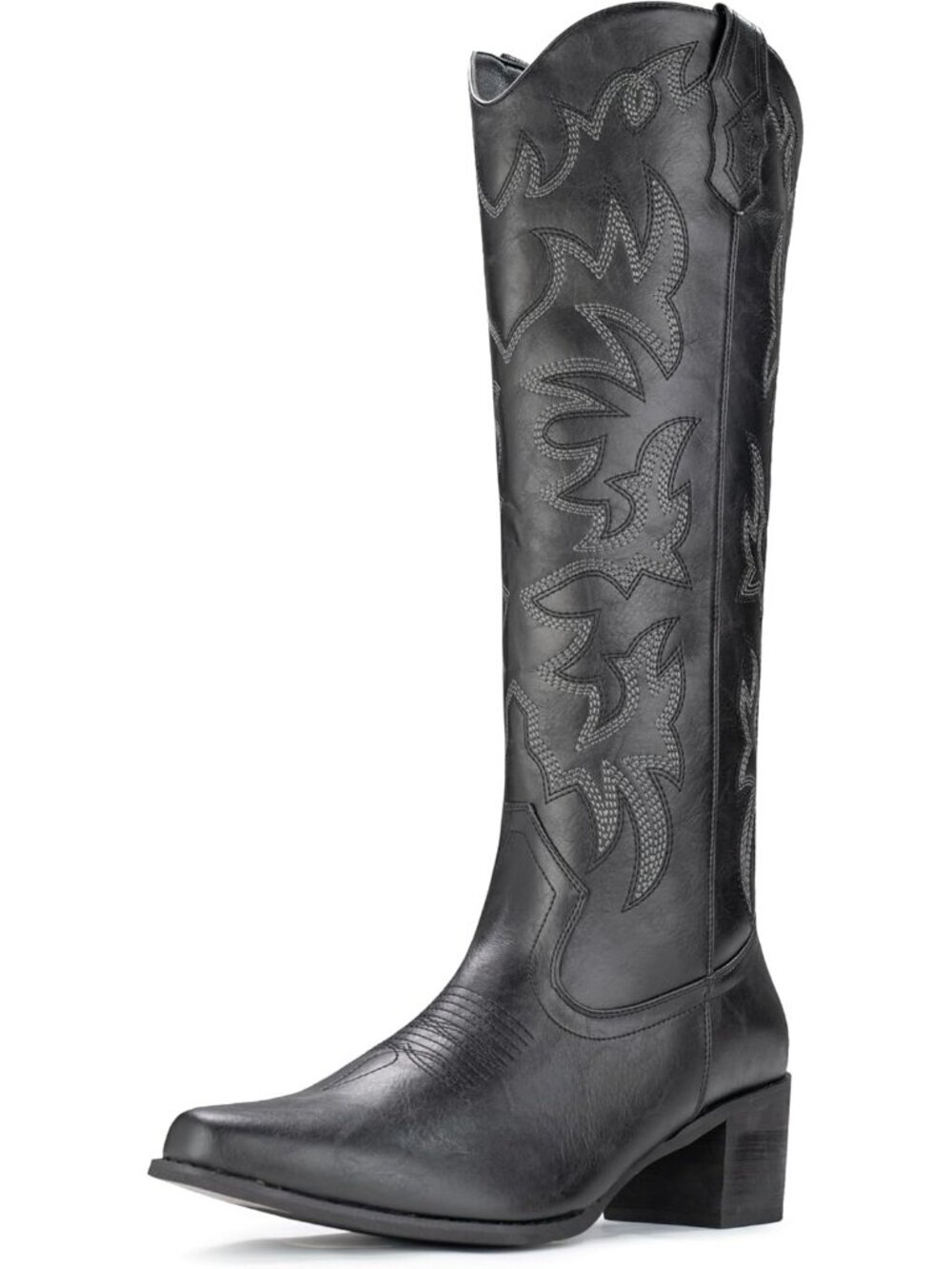 Women’s Black-a Knee-High Cowboy Boots Snip Toe Western Chunky Heel Zip
